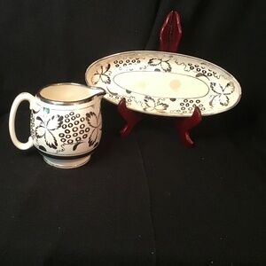Vintage 2 piece Grays Pottery Porcelain Paint Silver & White Creamer & Server